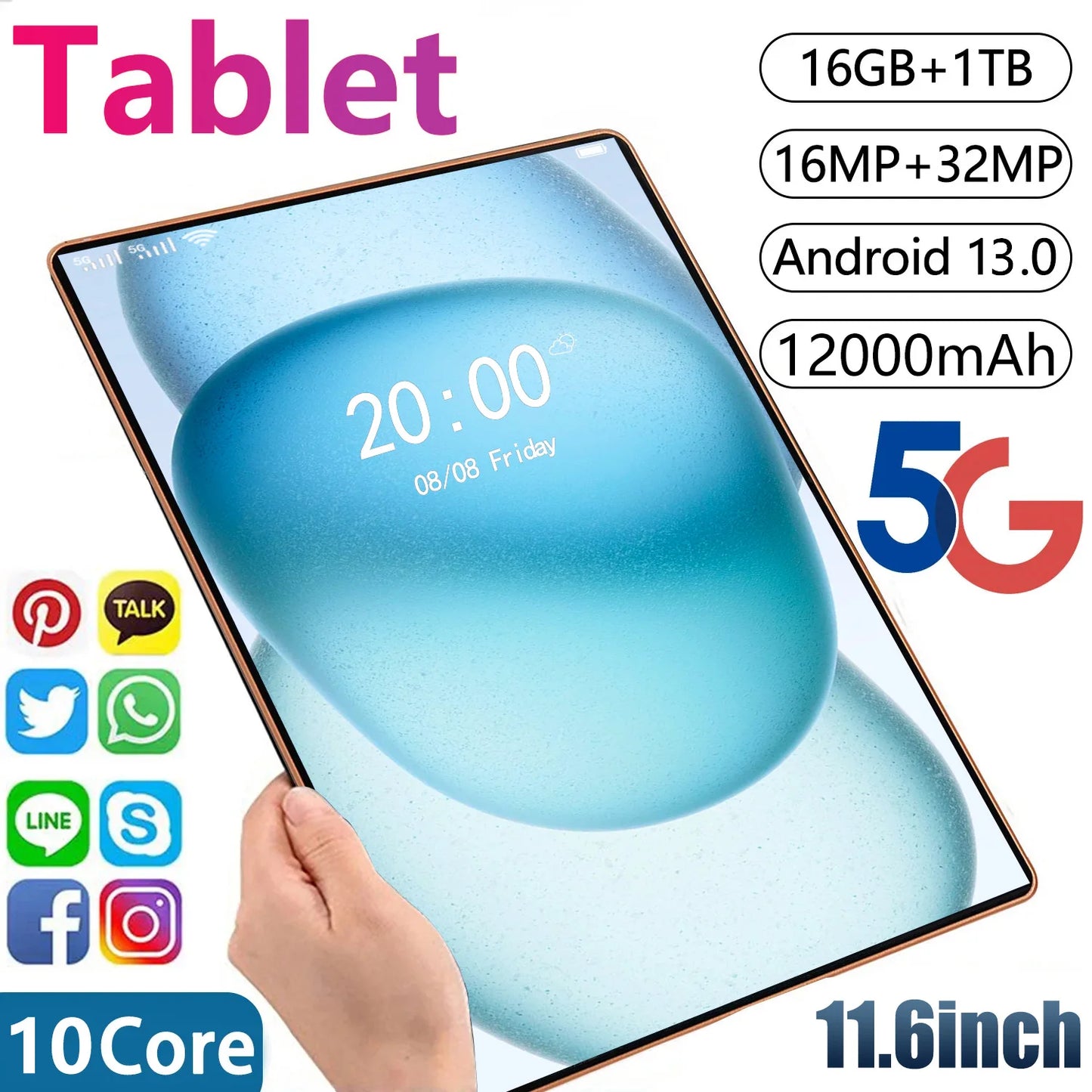 Tablet 2024 New 5G 11.6 inch Android 13.0 Phablet MTK6797 16GB RAM 1TB ROM Tablet PC Dual Cameras Dual sim card Wifi Type-c