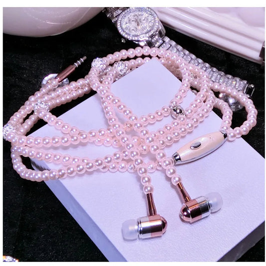 Wireless earphones bluetooth Pearl Necklace Earphone 3.5mm In-Ear Pink Necklace Headphone With Mic