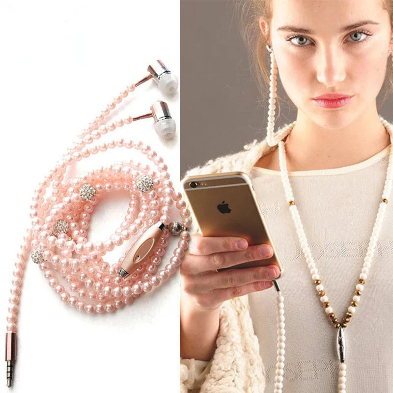 Wireless earphones bluetooth Pearl Necklace Earphone 3.5mm In-Ear Pink Necklace Headphone With Mic