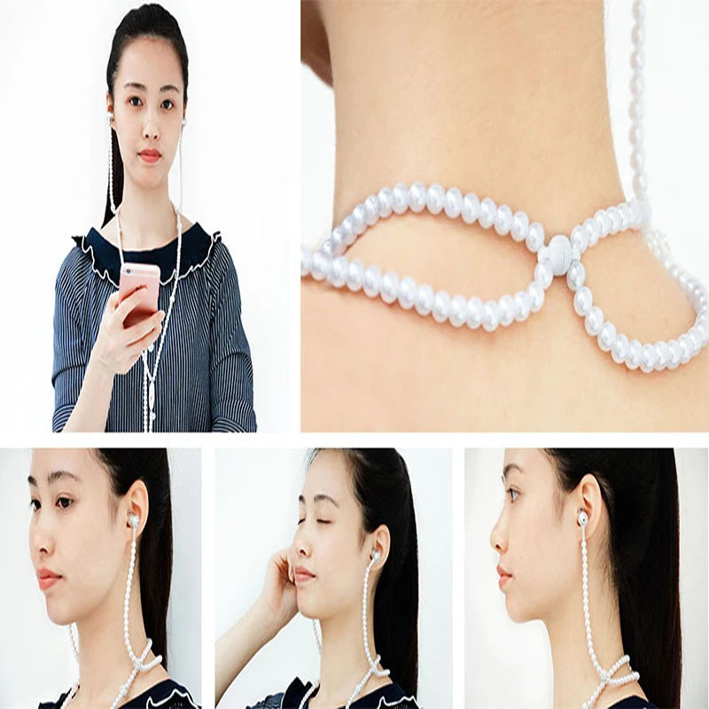 Wireless earphones bluetooth Pearl Necklace Earphone 3.5mm In-Ear Pink Necklace Headphone With Mic