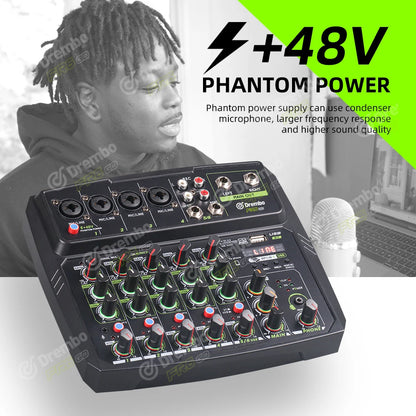 Mixer 4/6 Channel, DJ Console with Bluetooth 48V Phantom Power