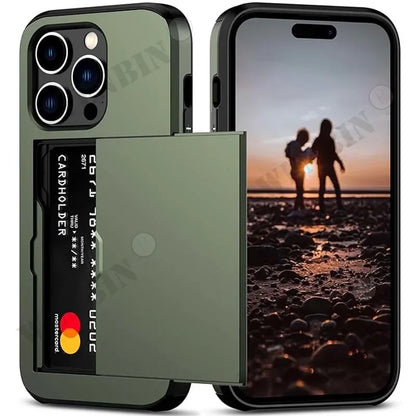 Case For iPhone 15 14 13 12 Pro Max Plus Holder Heavy Duty Protective Dual Layer Shockproof Hidden Card Slot Slim Wallet Cover