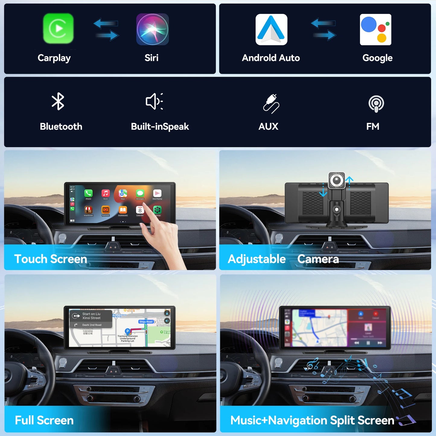 Car Screen Universal, Wireless with Carplay Android Auto, Car Touchscreen