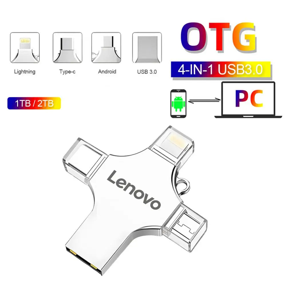 Pendrive LENOVO - 4 in 1 Type-c OTG USB Flash Drive 3.0 Pendrive USB Stick Memory For iPhone Android PC Micro USB