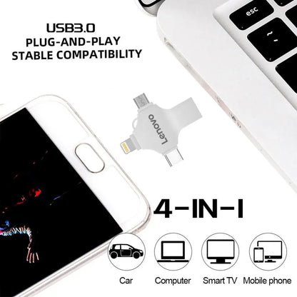 Pendrive LENOVO - 4 in 1 Type-c OTG USB Flash Drive 3.0 Pendrive USB Stick Memory For iPhone Android PC Micro USB