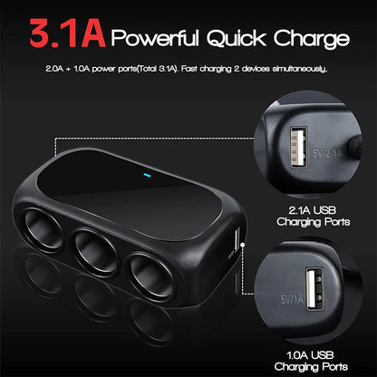 Car Charger, USB Quick Charge Adapter 1 To 3 Lighter Socket,